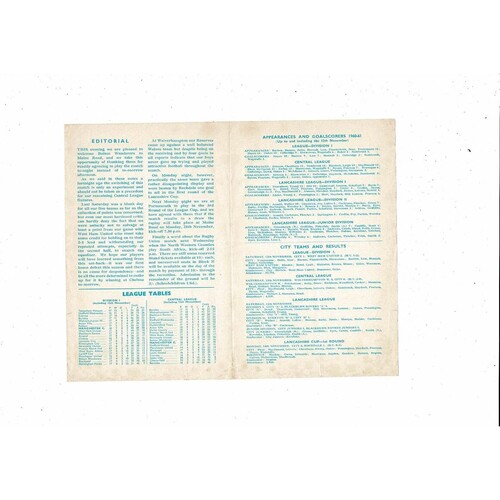 Manchester City v Bolton Wanderers Central League Football Programme 1960/61