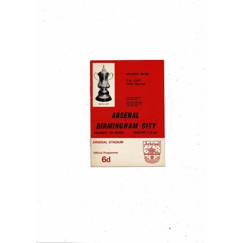 1967/68 Arsenal v Birmingham City FA Cup Football Programme