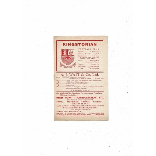 1961/62 Kingstonian v Walton & Hersham South of the Thames Cup Programme 8th Nov