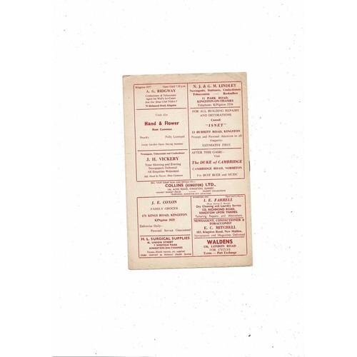 1961/62 Kingstonian v Walton & Hersham South of the Thames Cup Programme 8th Nov