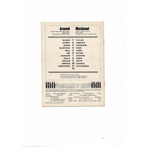 1968/69 Arsenal v Blackpool League Cup Football Programme
