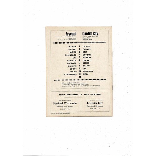 1968/69 Arsenal v Cardiff City FA Cup Replay Football Programme