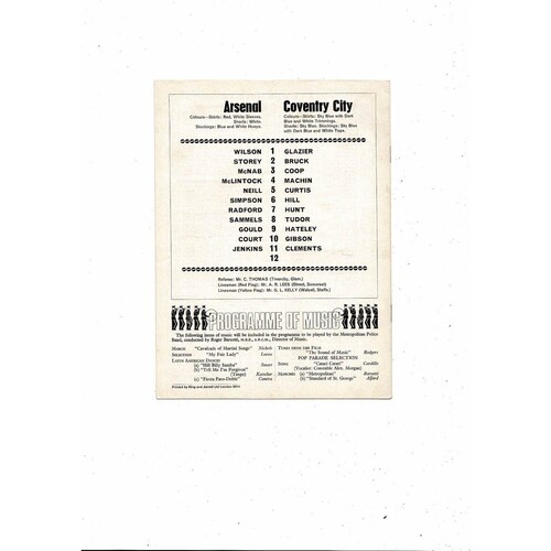 1968/69 Arsenal v Coventry City Football Programme