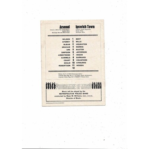 1968/69 Arsenal v Ipswich Town Football Programme