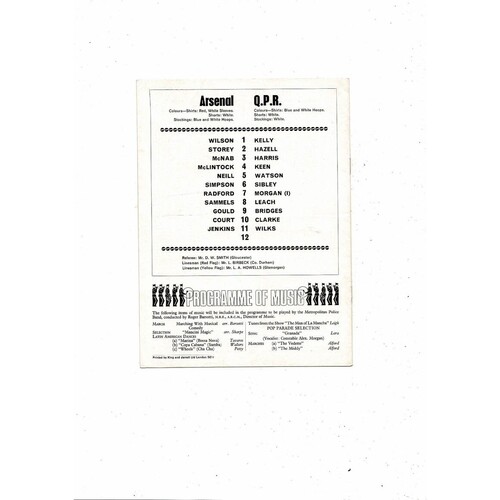 1968/69 Arsenal v Queens Park Rangers Football Programme