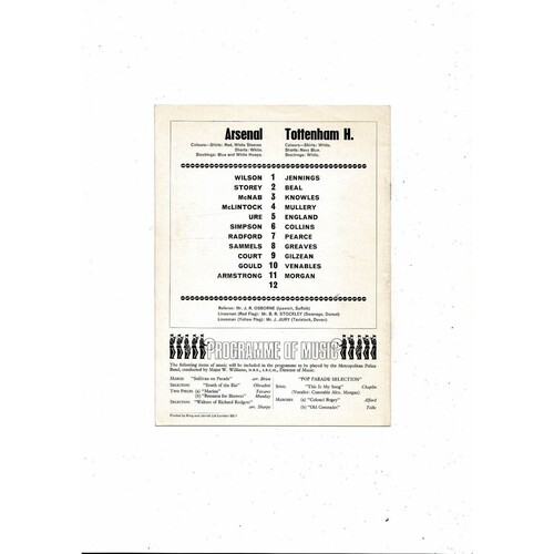 1968/69 Arsenal v Tottenham Hotspur Football Programme