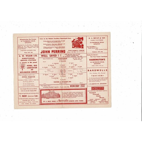 1961/62 Kingstonian v Tooting & Mitcham Surrey Invitation Cup Football Programme