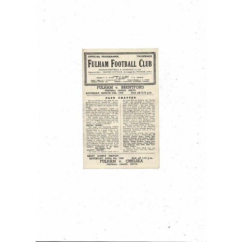 1945/46 Fulham v Brentford Football Programme.