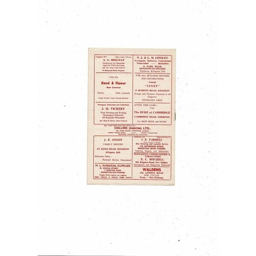 1961/62 Kingstonian v Redhill Surrey Senior Shield Football Programme
