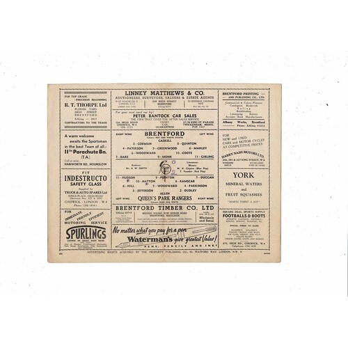 1949/50 Brentford v Queens Park Rangers Football Programme