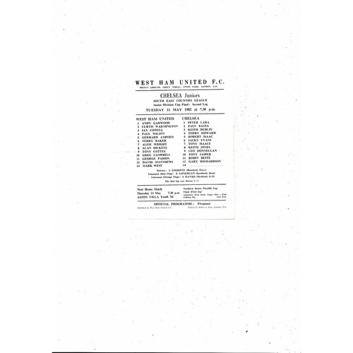 West Ham United v Chelsea Junior Division Cup Final Football Programme 1982