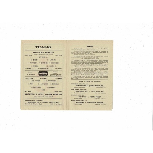 Brentford v Brighton Football Combination Cup Programme 1948/49