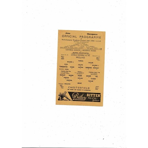 Wolves v Chesterfield Central League Football Programme 1966/67