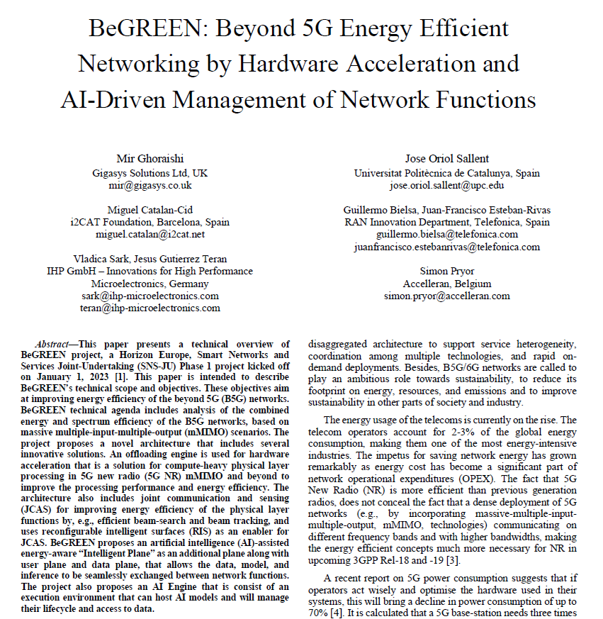 BeGREEN Architecture Paper in EuCNC 2023