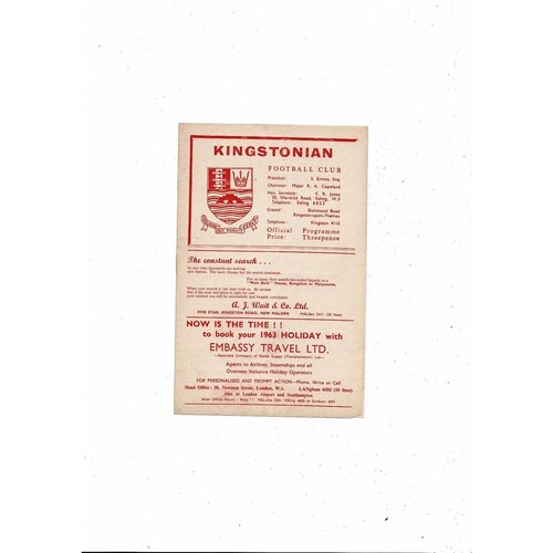 1962/63 Kingstonian v Woking Surrey Senior Cup Football Programme