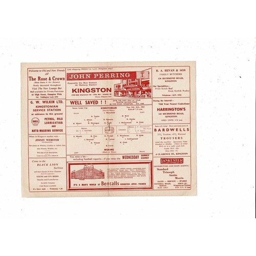 1962/63 Kingstonian v Woking Surrey Senior Cup Football Programme