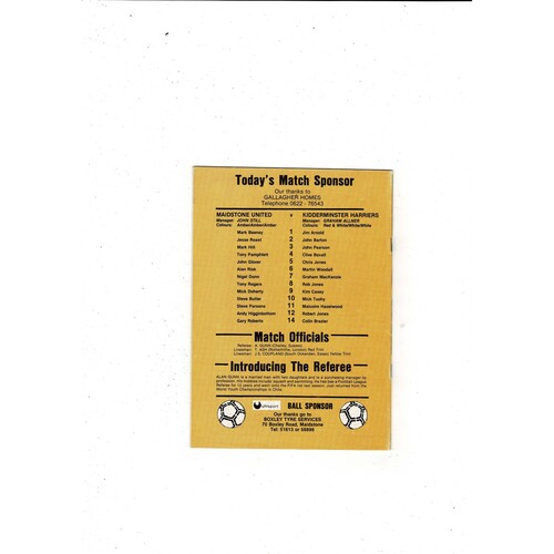 Maidstone United v Kidderminster Harriers FA Cup Rep Football Programme 1987/88