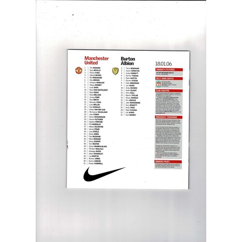 Manchester United v Burton Albion FA Cup Football Programme 2005/06