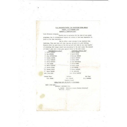 Margate v Cambridge City FA Trophy Replay Football Programme 1973/74