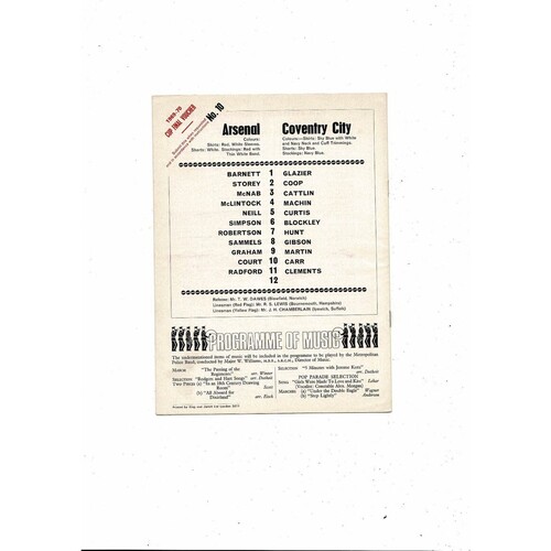 1969/70 Arsenal v Coventry City Football Programme