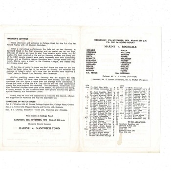 Marine v Rochdale FA Cup Replay Football Programme 1974/75