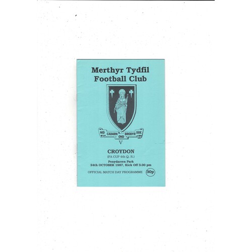 Merthyr Tydfil v Croydon FA Cup Football Programme + Press cutting 1987/88