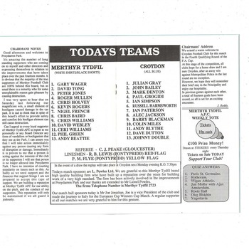 Merthyr Tydfil v Croydon FA Cup Football Programme + Press cutting 1987/88