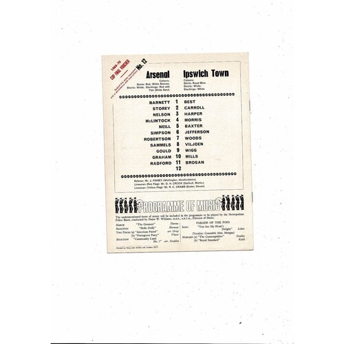 1969/70 Arsenal v Ipswich Town Football Programme
