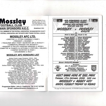 Mossley v Frickley Athletic FA Cup Football Programme 2000/01