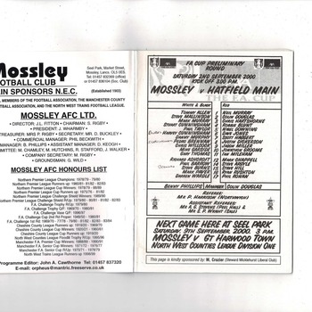 Mossley v Hatfield Main FA Cup Football Programme 2000/01