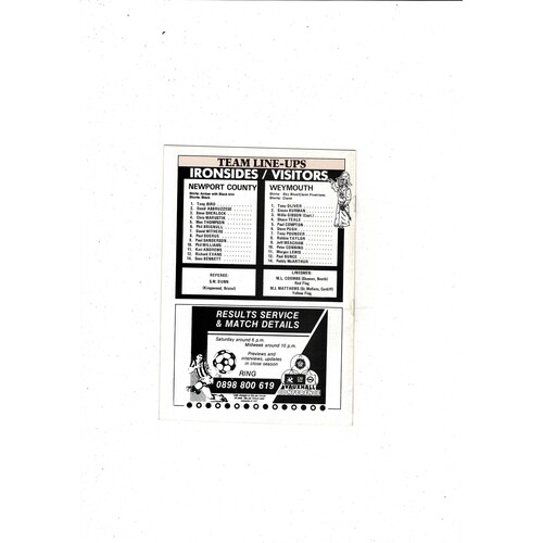 Newport County v Weymouth FA Cup Football Programme 1988/89