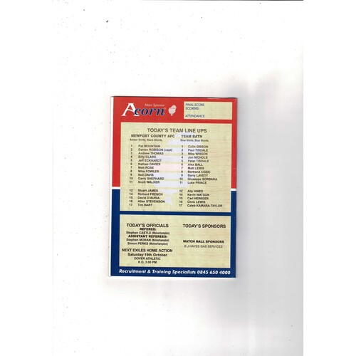 Newport County v Team Bath FA Cup Football Programme 2002/03