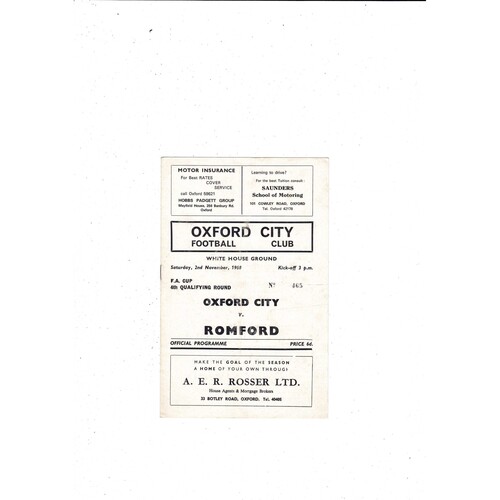 Oxford City v Romford FA Cup Football Programme 1968/69