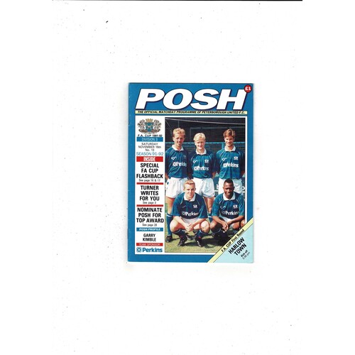 Peterborough United v Harlow Town FA Cup Football Programme 1991/92