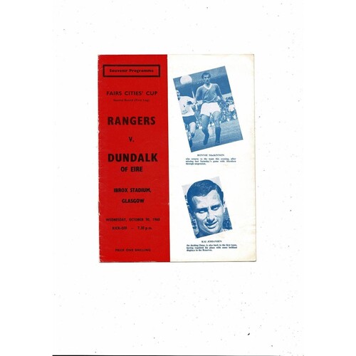 Rangers v Dundalk Fairs Cup Football Programme 1968/69