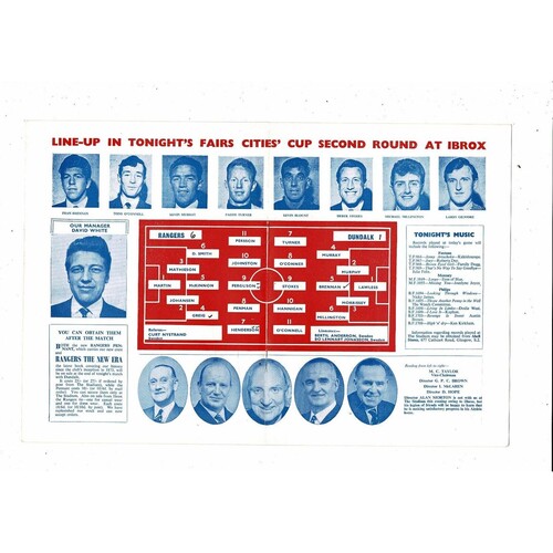 Rangers v Dundalk Fairs Cup Football Programme 1968/69