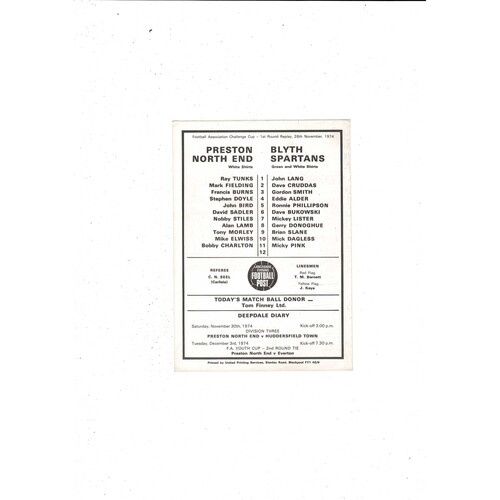 Preston North End v Blyth Spartans 1st Round Replay FA Cup Football Programme 1974/75