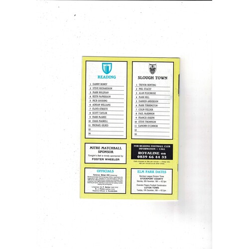 Reading v Slough Town 1st Round Replay FA Cup Football Programme 1991/92