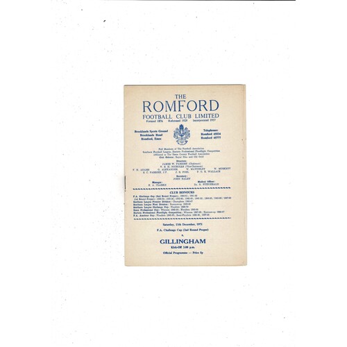 Romford v Gillingham FA Cup Football Programme 1971/72