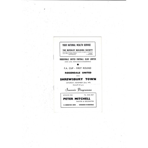 Rossendale United v Shrewsbury Town FA Cup Football Programme 1975/76