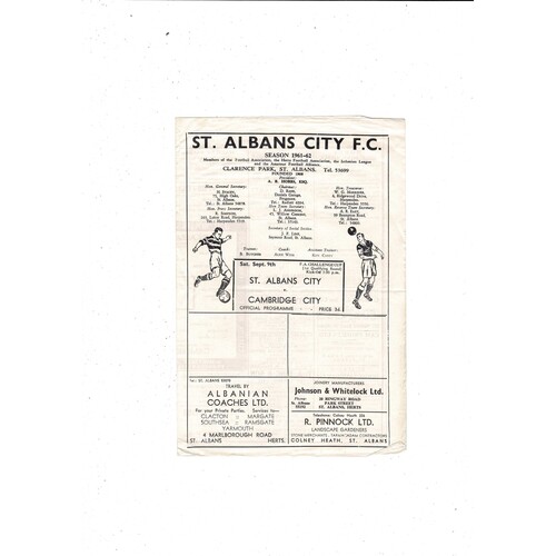 St. Albans City v Cambridge City FA Cup Football Programme 1961/62