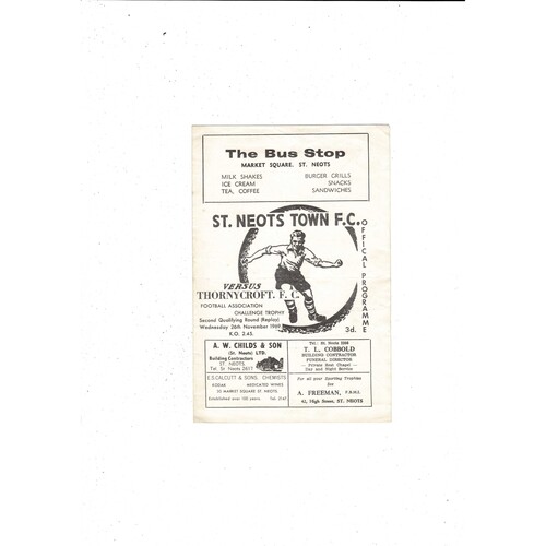 St. Neots Town v Thornycroft FA Cup Replay Football Programme 1969/70