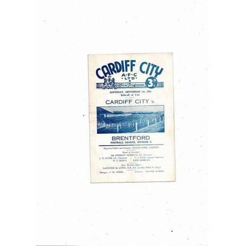 1951/52 Cardiff City v Brentford Football Programme