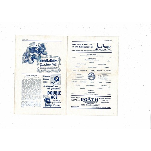 1951/52 Cardiff City v Brentford Football Programme
