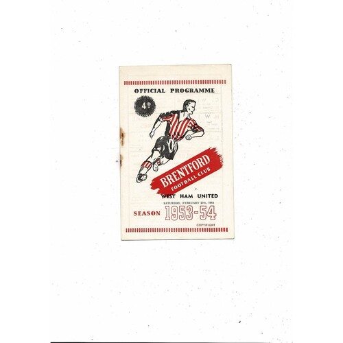 1953/54 Brentford v West Ham United Football Programme