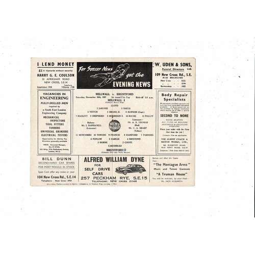 1957/58 Millwall v Brentford FA Cup Football Programme