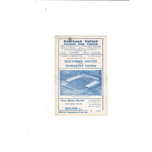 Southend United v Oswestry Town FA Cup Football Programme 1959/60