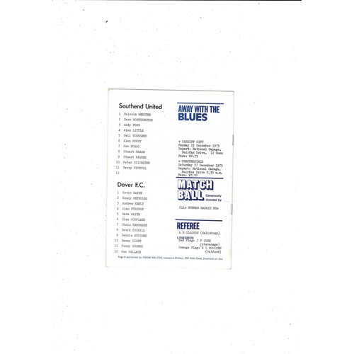 Southend United v Dover FA Cup Football Programme 1975/76