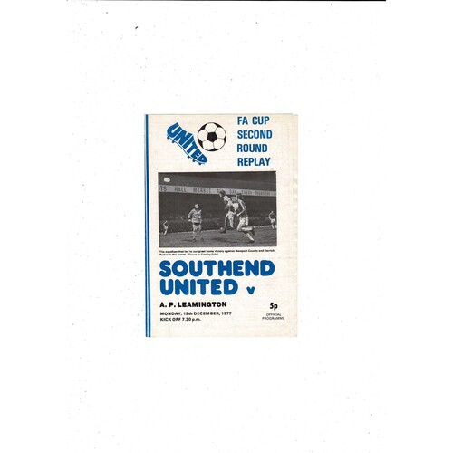 Southend United v Leamington FA Cup Replay Football Programme 1977/78