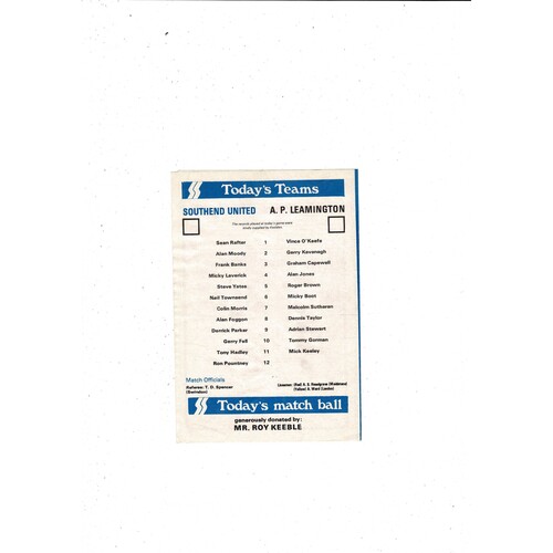 Southend United v Leamington FA Cup Replay Football Programme 1977/78